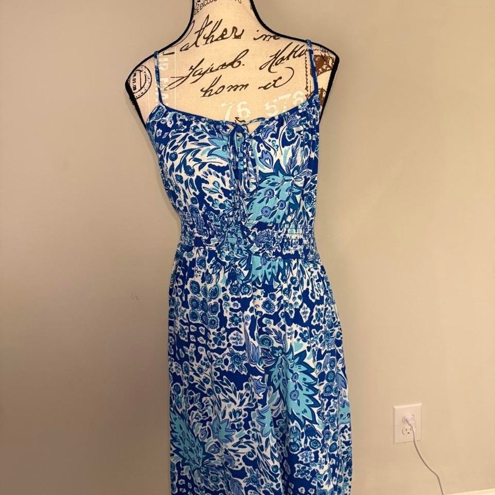 Blue White Floral Midi Dress Spaghetti Strap Smocked Waist Summer Flowy